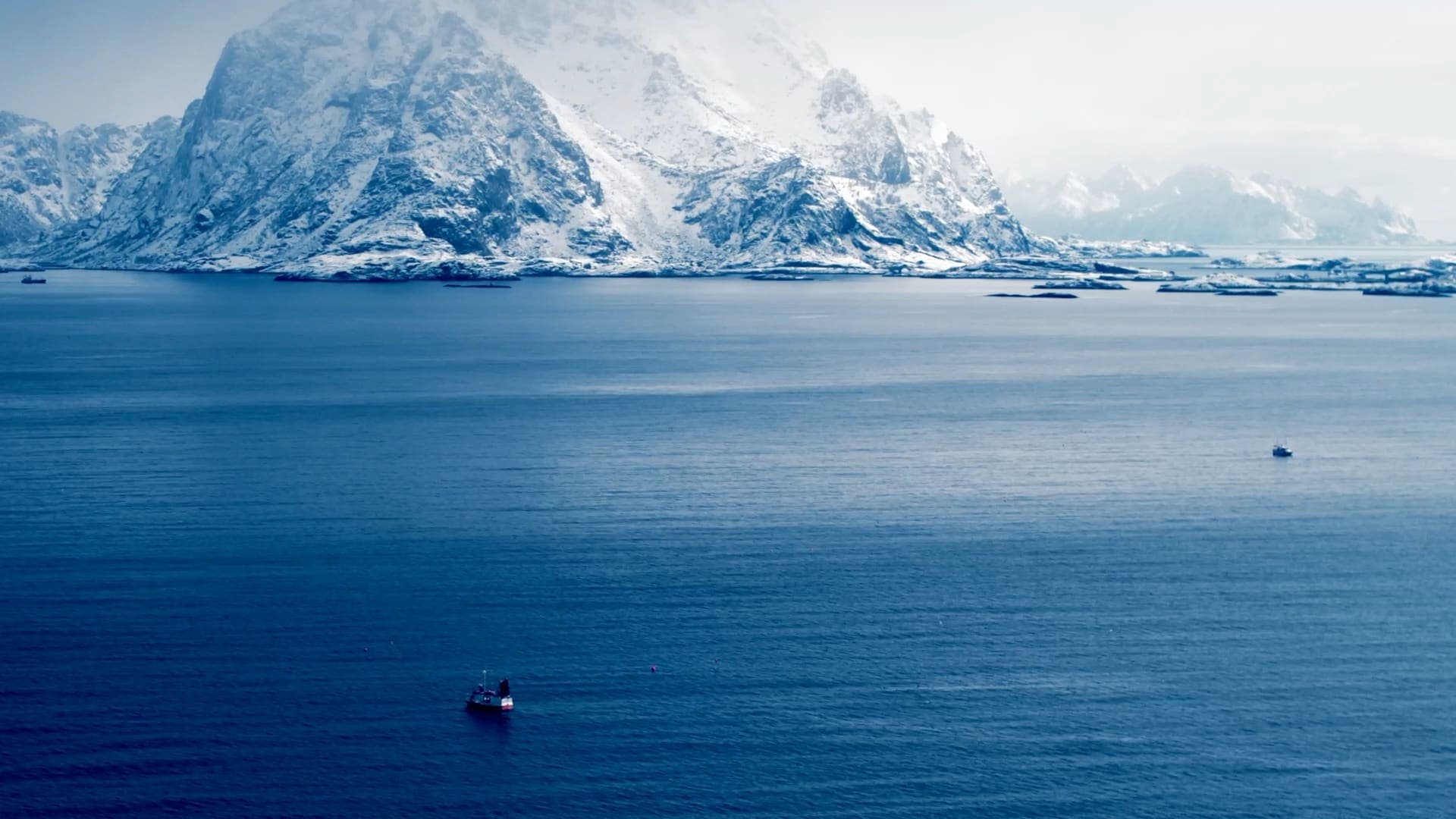 Fishing boats among snow-capped mountains in Lofoten, and a fisherman holding a freshly caught Atlantic cod